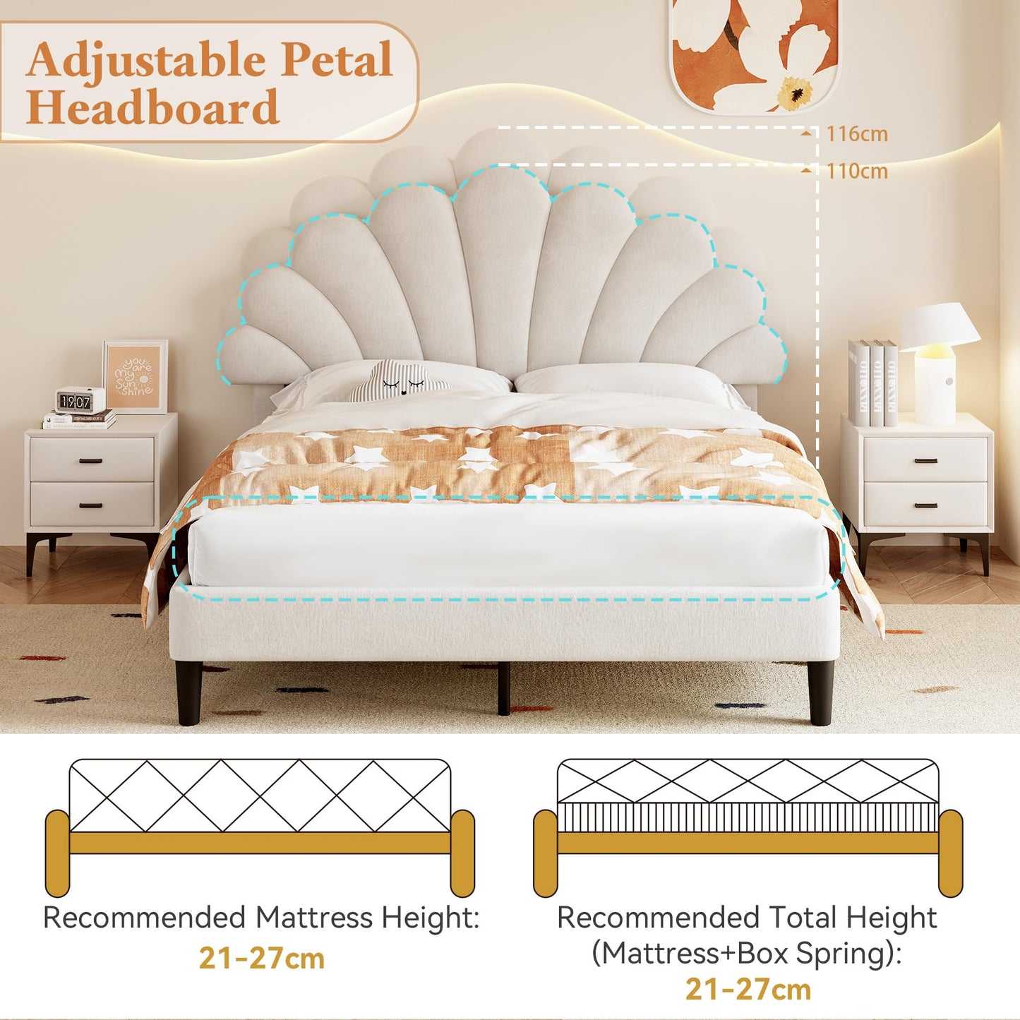 Merax Double bed frame, 4ft6 Double Upholstered Bed, Adjustable Chic Petal Headboard, Sturdy Wooden Slat Support, Velvet Fabric (No Mattress)