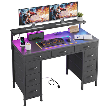 Flrrtenv Computer Desk with 9 Drawers & LED Light, 120 x 50 cm, Black