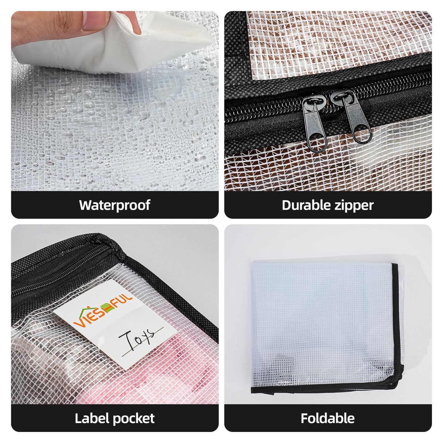 Vieshful 6 Pack Clear Storage Bags with Label, 22L Foldable PVC Mesh, Black