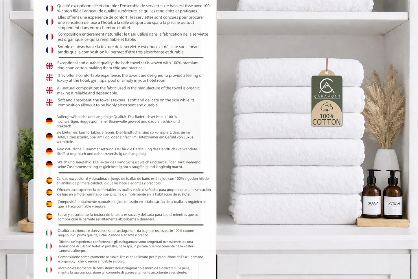 Caramont Set of 6 Bath Towels 70 x 140 cm - 100% Cotton, Ultra Soft, Highly Absorbent, Quick Drying, Hotel Quality - White - for Bathroom, Shower