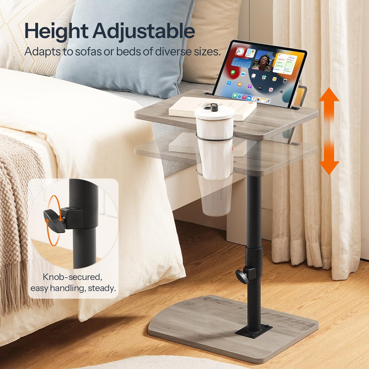 HOOBRO C Shaped Side Table, Height Adjustable Bedside Table, 360° Rotating Sofa Table Laptop Tables with Detachable Cup Holder and Tablet Slot