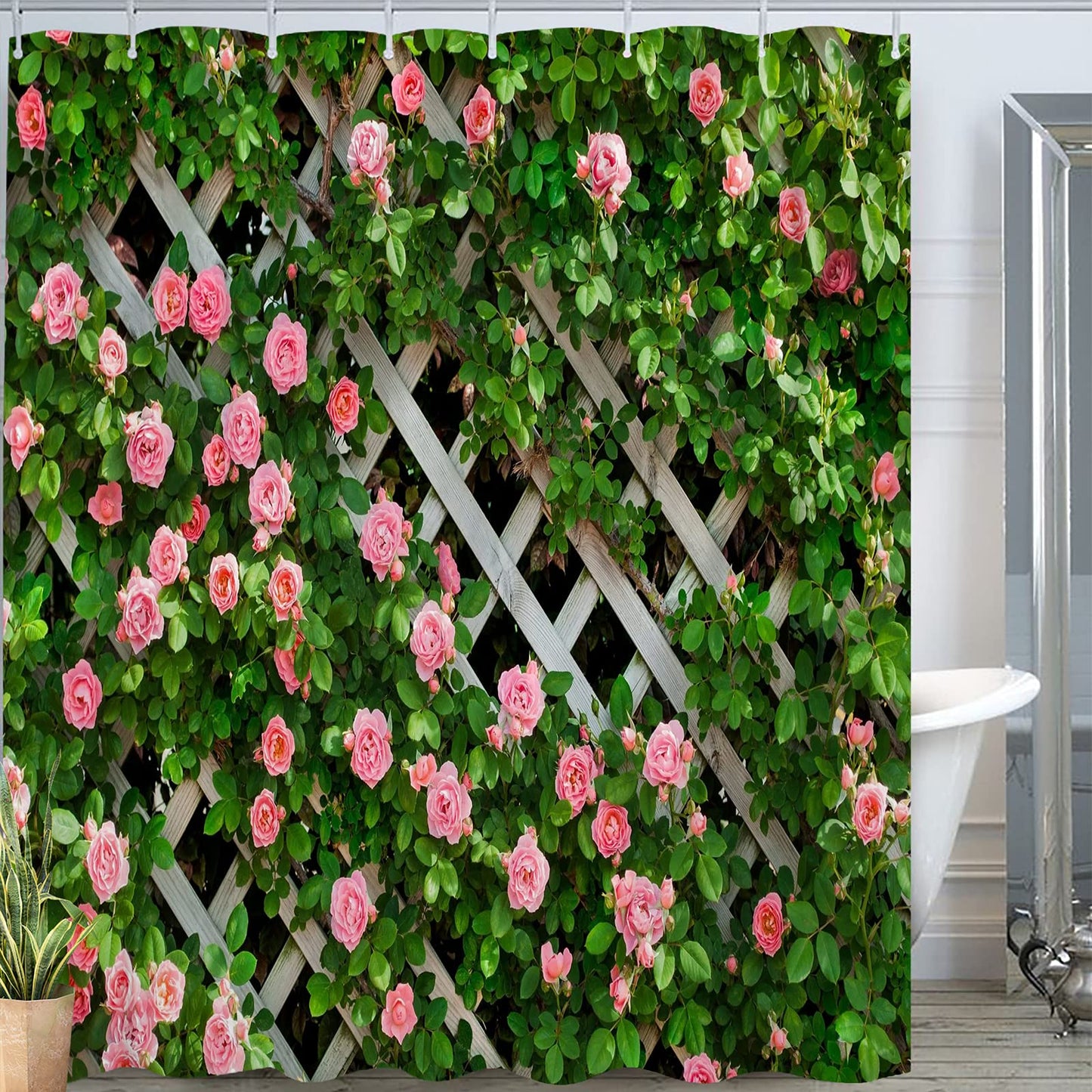 JOOCAR Garden Shower Curtain, Rustic Decor Rosemary Roses Flower on Fence, Waterproof Cloth Fabric Bathroom Decor Set with Hooks