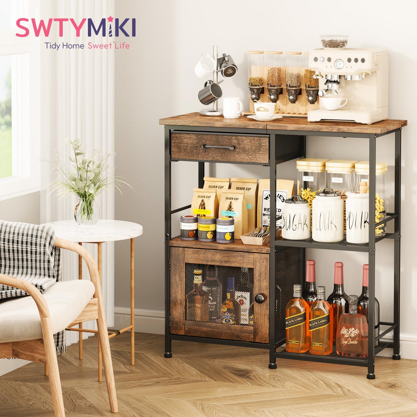 SWTYMIKI Farmhouse Coffee Bar Cabinet - Wood Metal Sideboard Buffet Storage