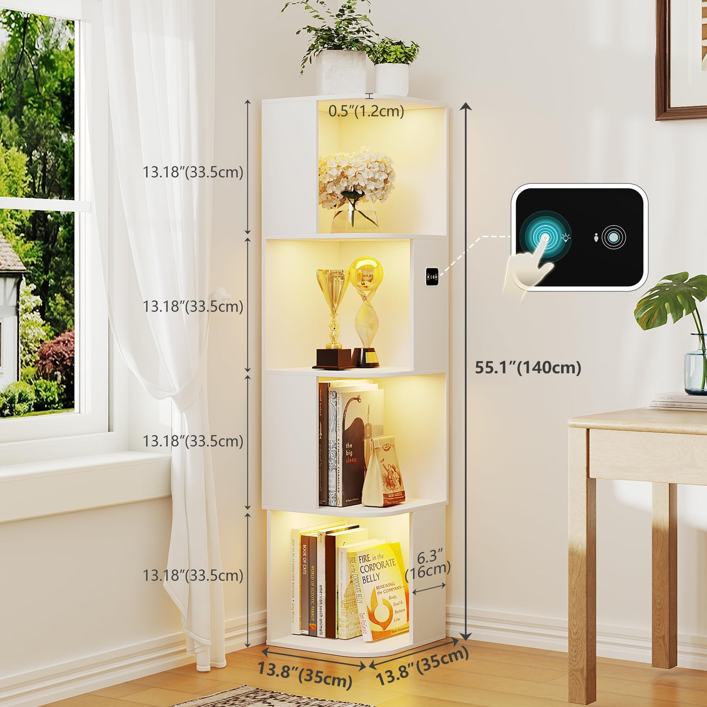 55.1 " Corner Wood Bookcase with Body Sensor LED for Home Office,White