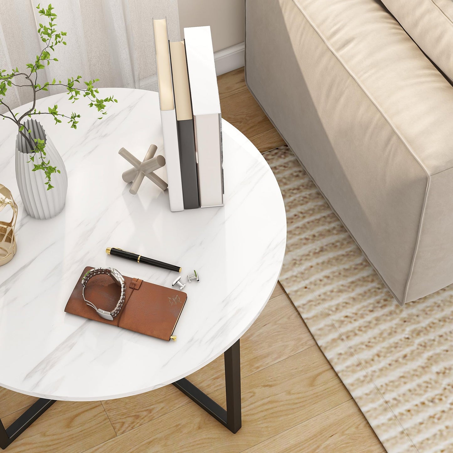 BOFENG Round Coffee Table Tea Table End Table Sofa Table for Living Room with Metal Legs,Black+White