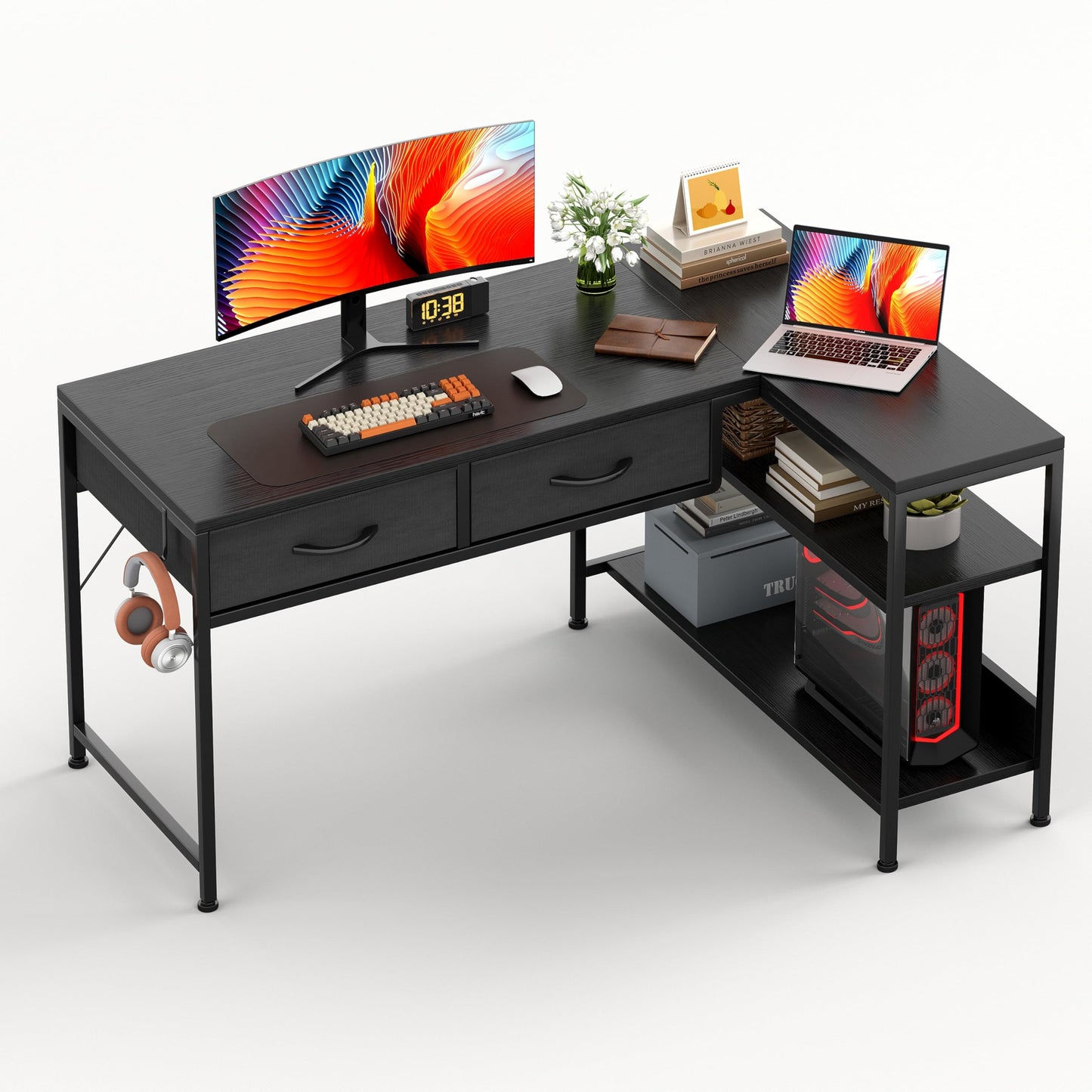 CAIYUN L Shaped Computer Desk with 2 Drawers, 100CM Office Corner Desk with 2 Storage Shelves, Working Table Study Table for Home Office Desk, Black
