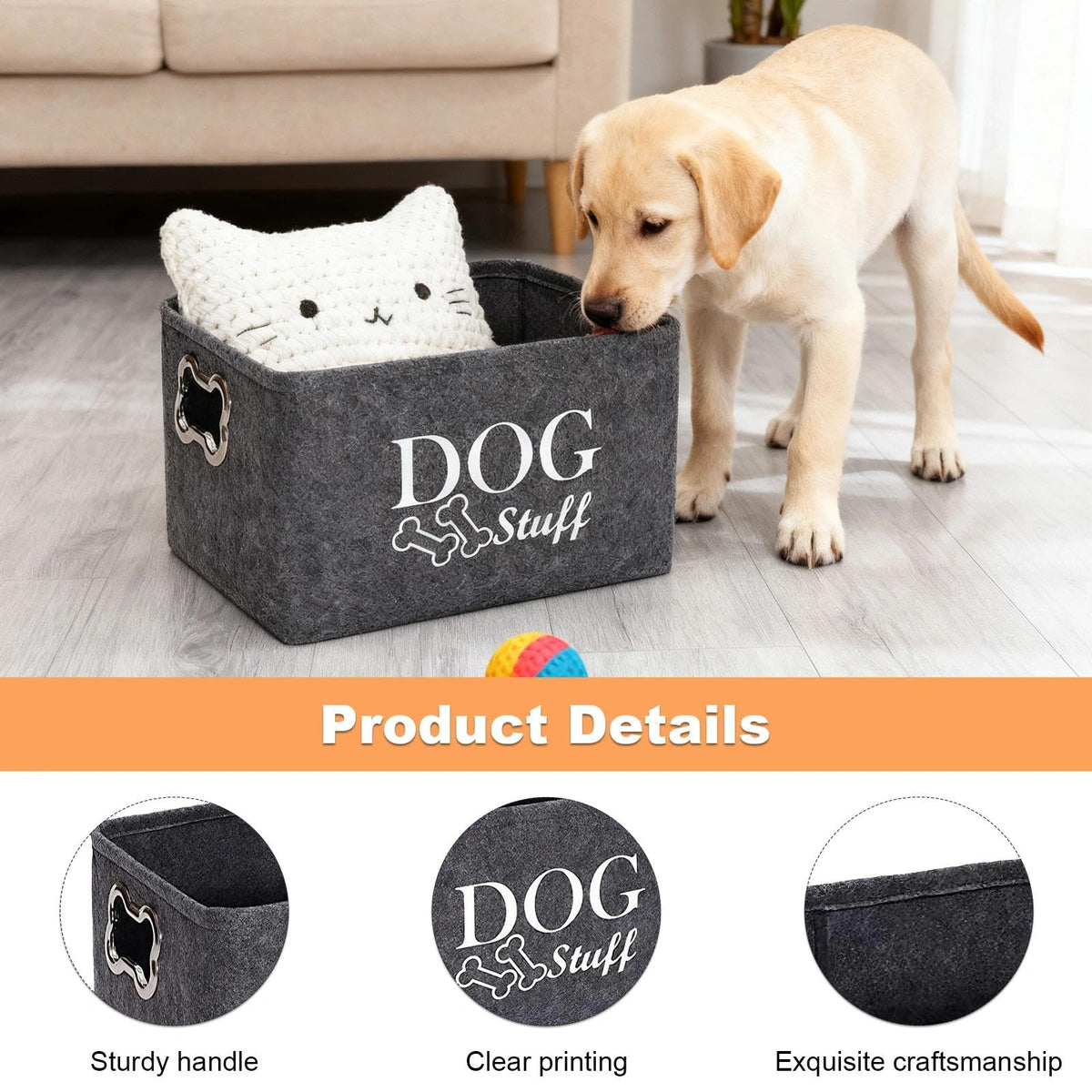 HUILATE Dog Toy Box, Puppy Toy Box Storage Basket, Foldable Dog and Cat Supplies Basket with Handle for Organizing Pet Clothes Shoes and Accessories