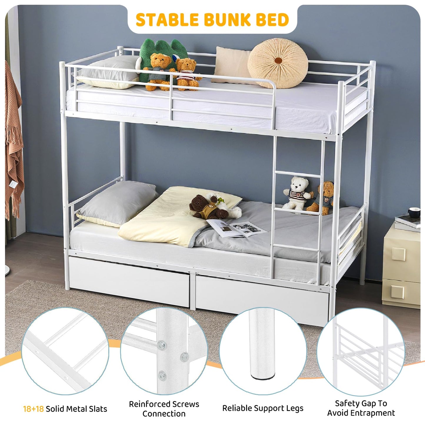 Bonnlo Metal Bunk Bed, Single over Single Loft Bed Frame with Ladder and Safety Guardrail