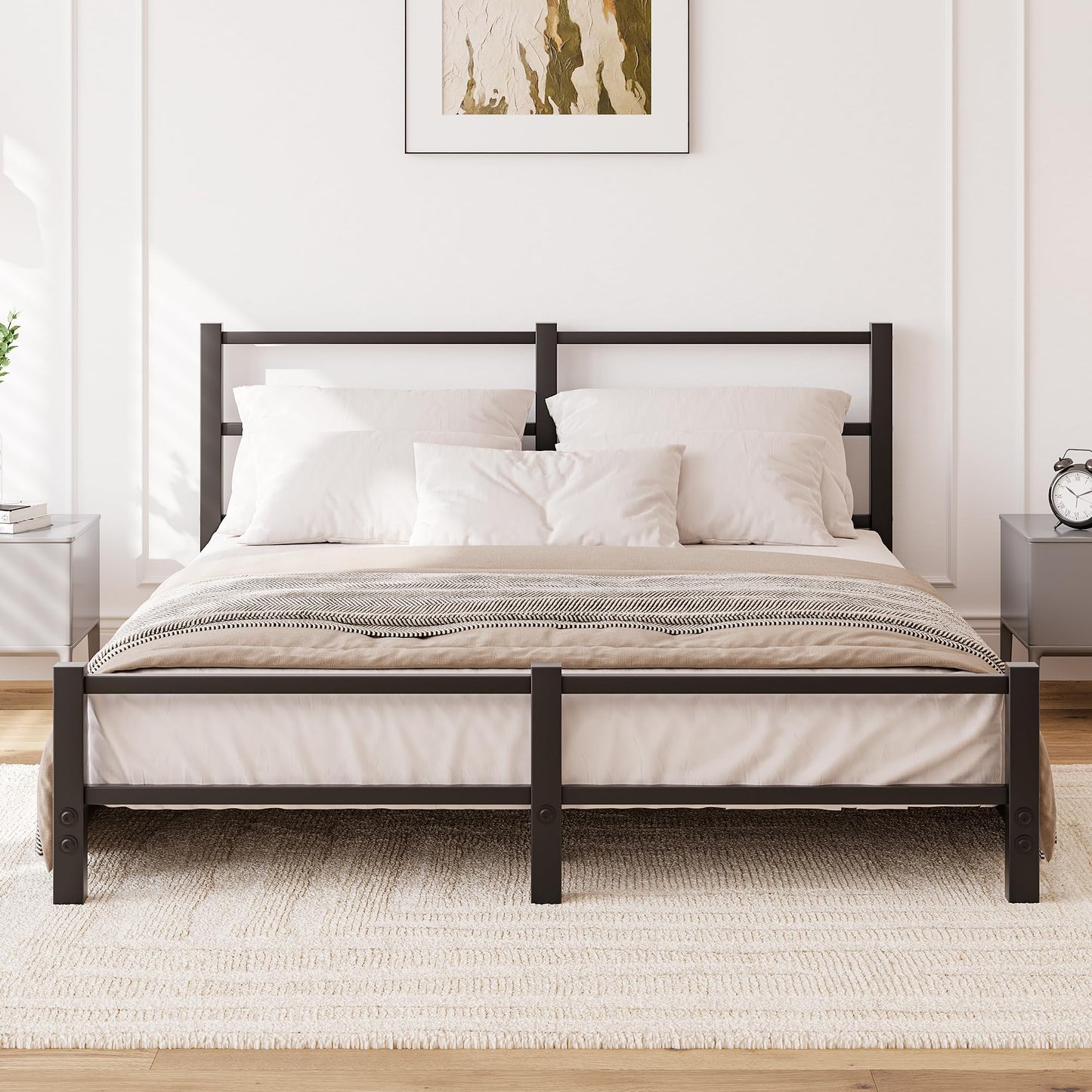 HAHRIR 16cm Low Profile 5ft King Bed Frame with Metal Headboard, Black