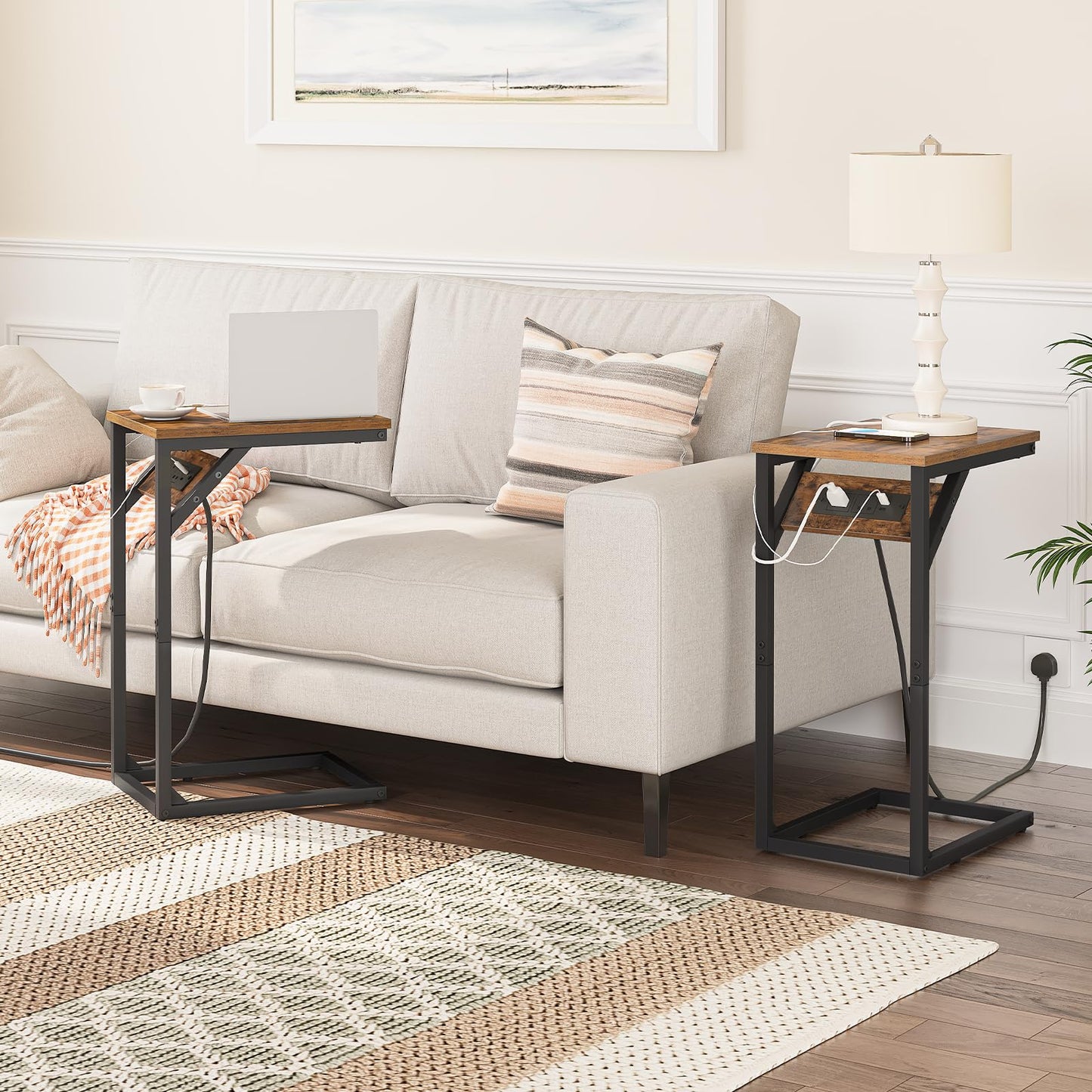 HOOBRO C Shaped Side Table, Sofa Table with Charging Station, Laptop Table for Sofa, 2 USB Ports 2 AC Outlets, Narrow Bedside Table with Power, Living