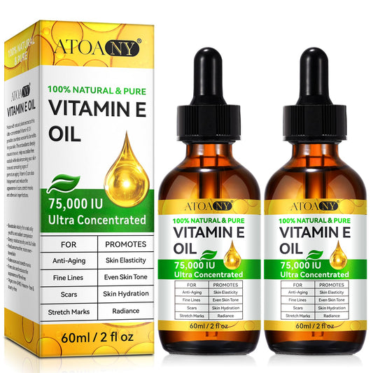Vitamin E Oil 75,000 IU 2 Pack - 100% Organic Pure Vitamin E Oil for Skin, Face, Hair, Body - Natural Antioxidant for Dryness, Wrinkles, Scars &