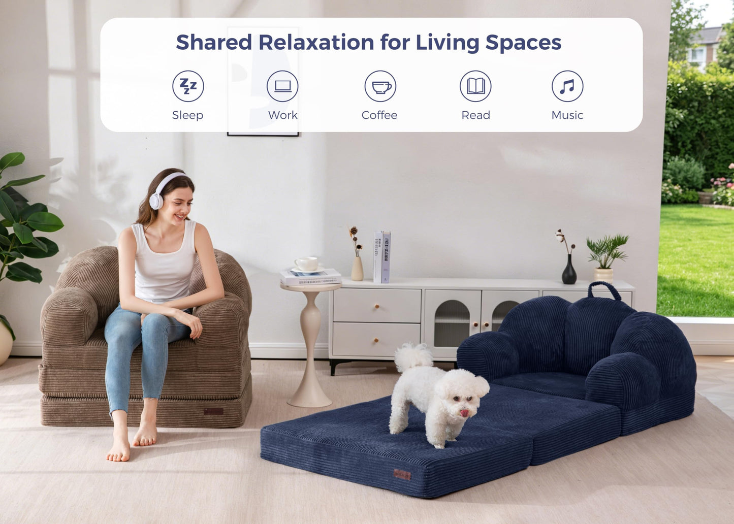 MAXYOYO Folding Sofa Bed with Backrest, Floral Shaped 2 in 1 Convertible Sofa to Comfy Faux Fur Bean Bag Chair for Adults