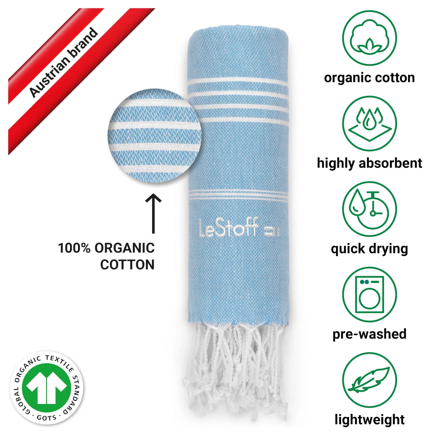 LeStoff Hammam Towel XXL/Picnic Blanket, 100% Organic Cotton, Light Blue