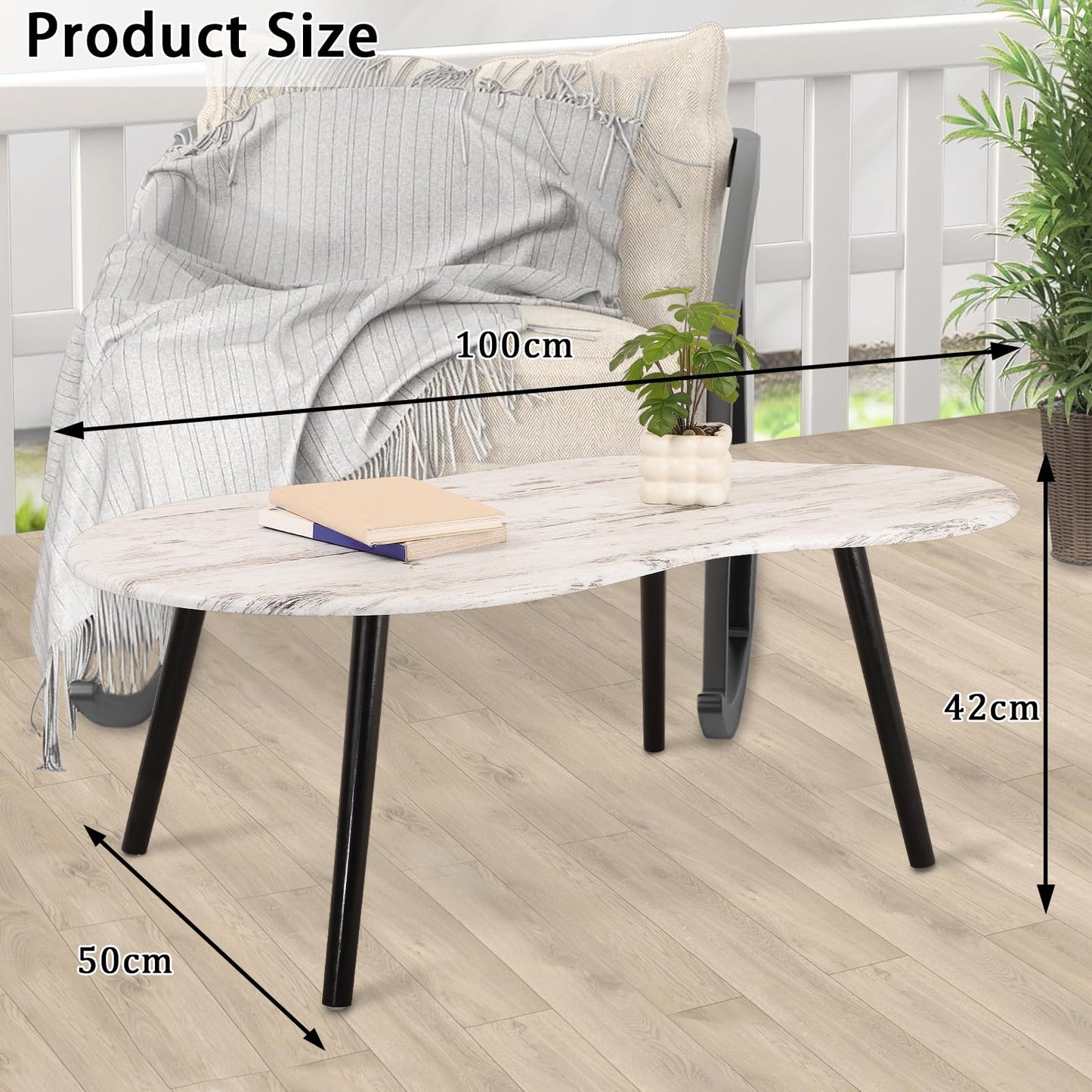 FEUFOAM Farmhouse Coffee Tables Cloud Shape Mid-Century Sofa Table Unique White Wood Grain Tabletop Floor Table Rustic Decorative Sofa Center Table