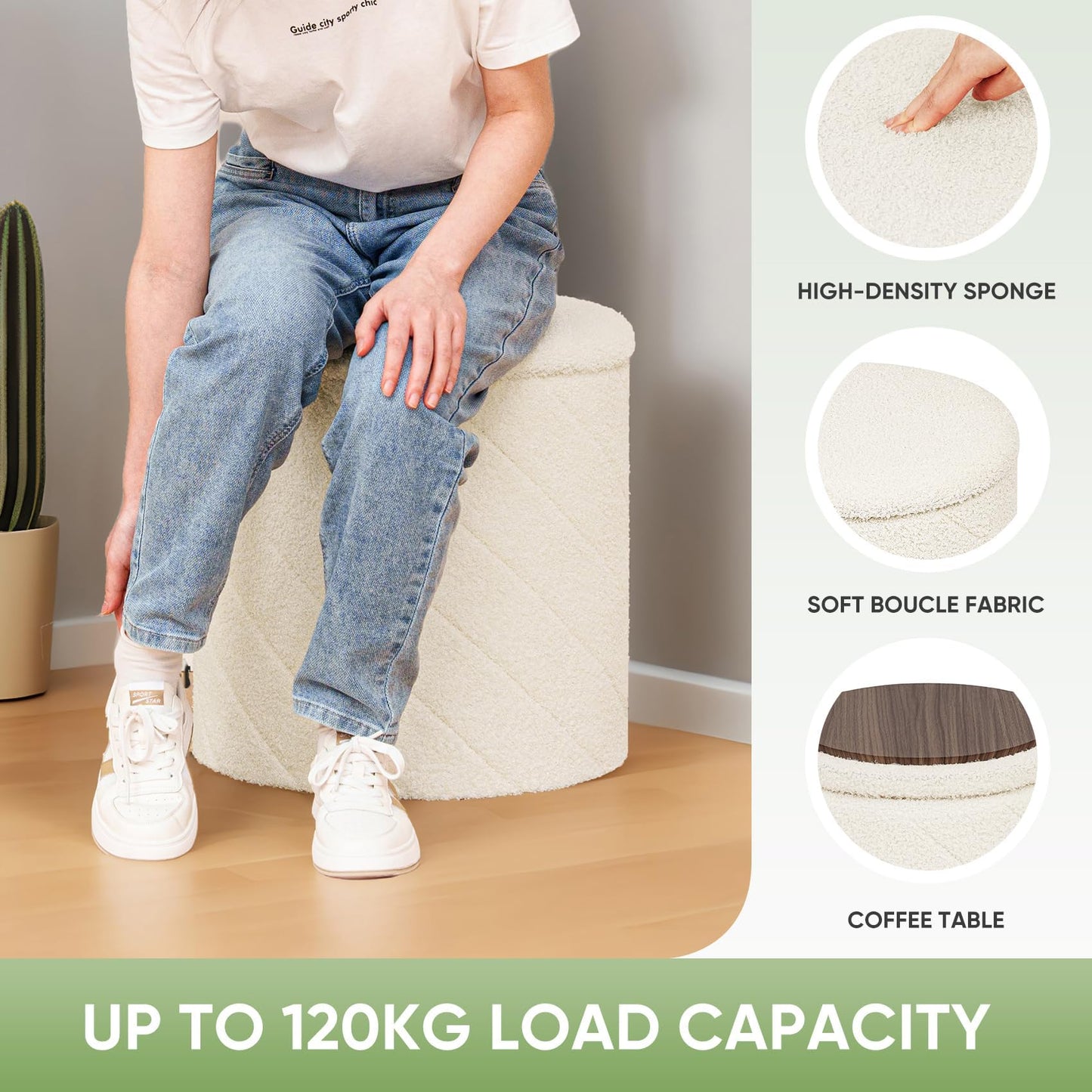 Bonlife Round Ottoman Stool with Storage, Folding Footstool with Lid,Boucle Vanity Stool for Living Room,Bedroom,Entryway,Cream,43x43x45cm
