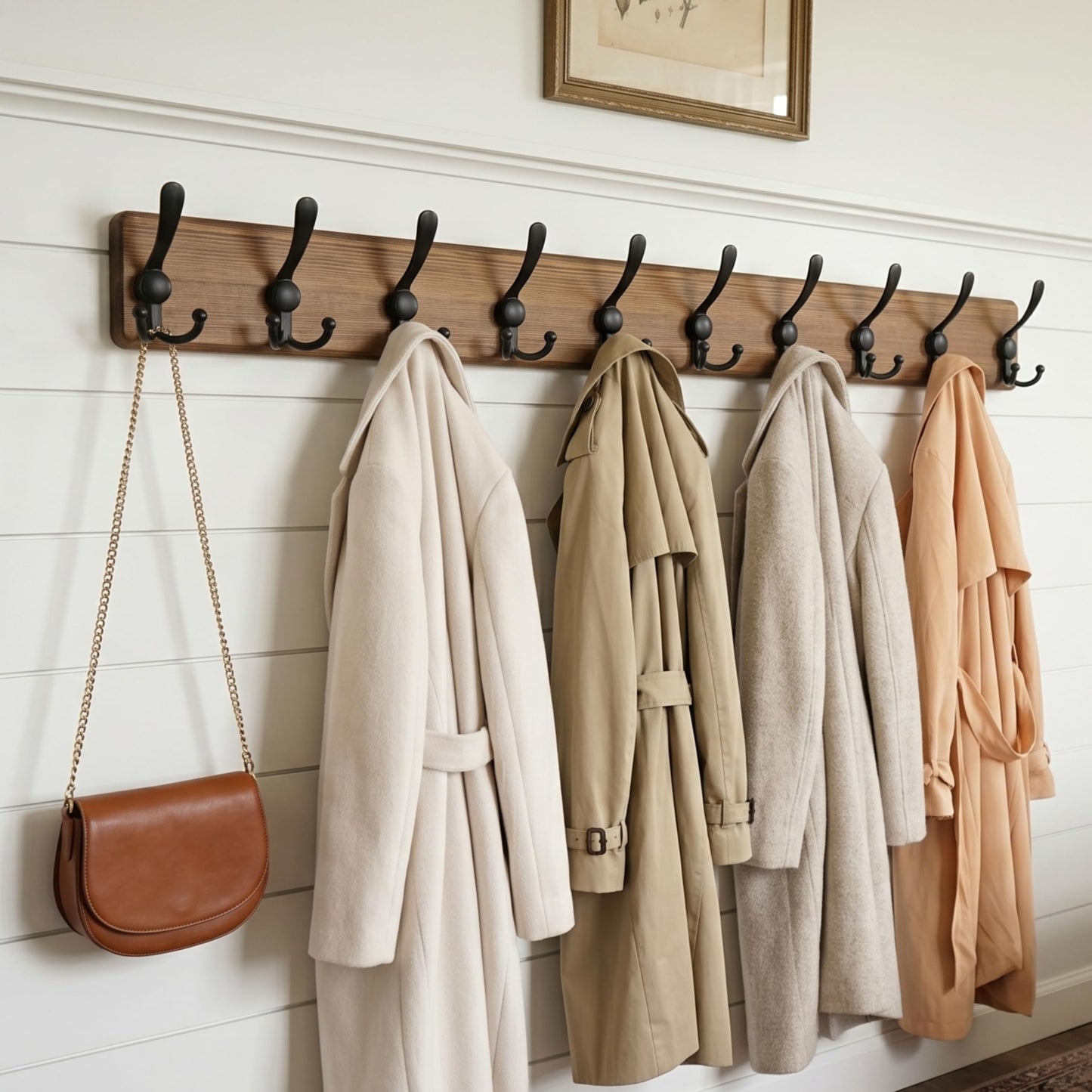 WEBI Coat Rack Wall Mount,98cm Long,10 Hooks,Wood Coat Hooks Wall Mounted Coat Hanger Wall,Hook Rack Rail,Triple Hooks for Hanging