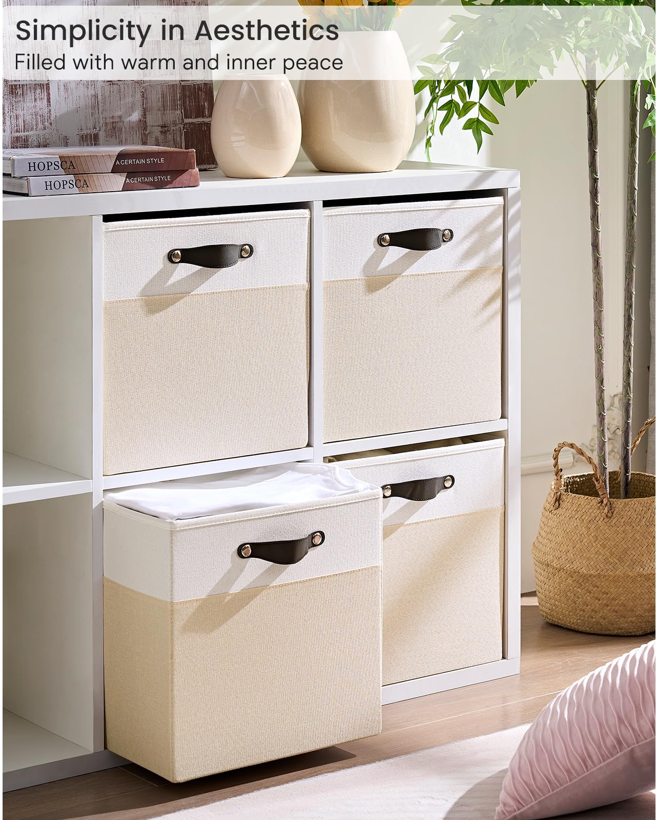 FABINADO Storage Cube | 260g/㎡ Ultra-Fine Linen Cubby Box for Shelf, Bookshelf, Closet, Wardrobe | 28cm Square Drawer Insert Basket | 4 Pack