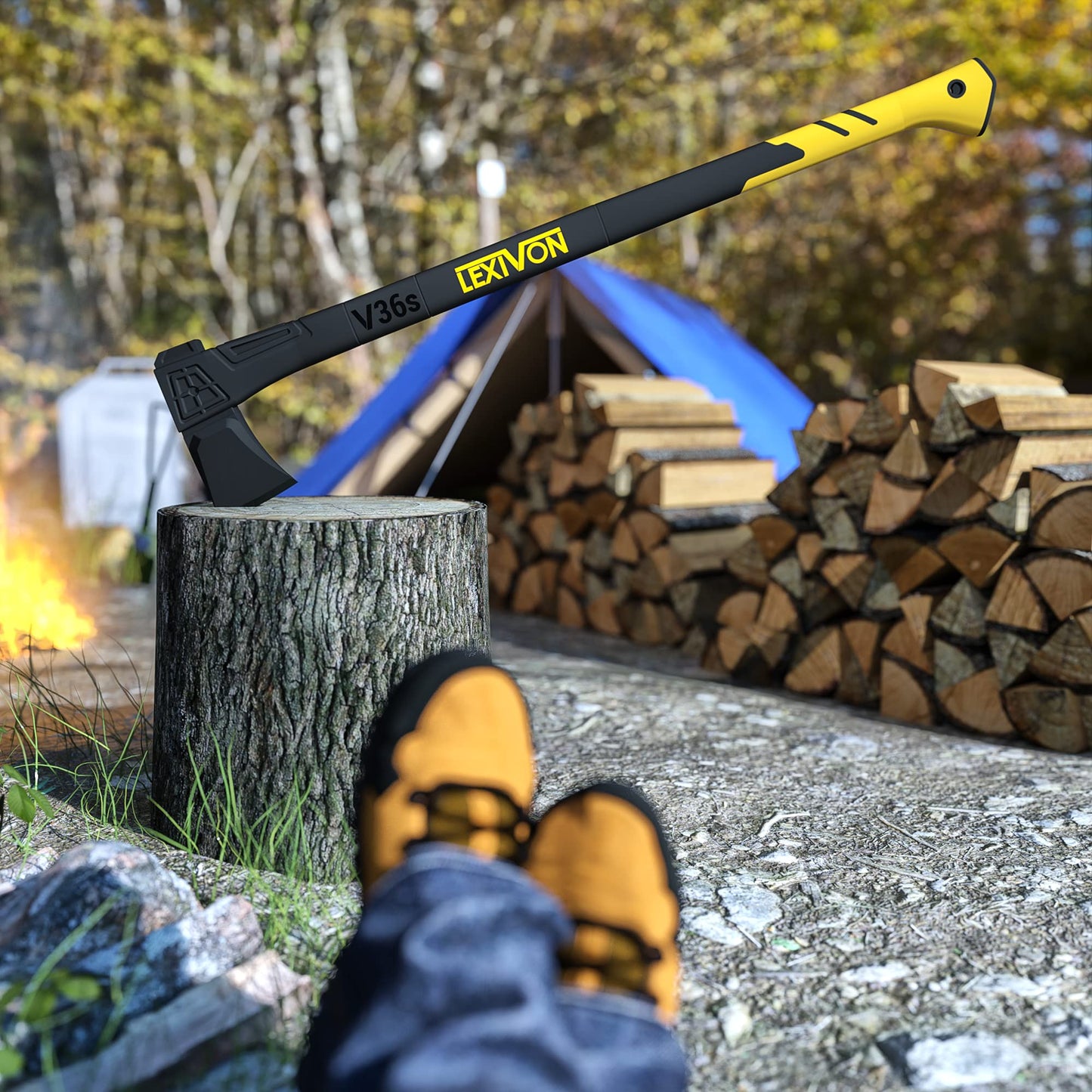 LEXIVON Axe 36" Camping Outdoor Hatchet for split medium to large fireplace wood logs, kindling & gardening, Ergonomic TPR Grip, Lightweight