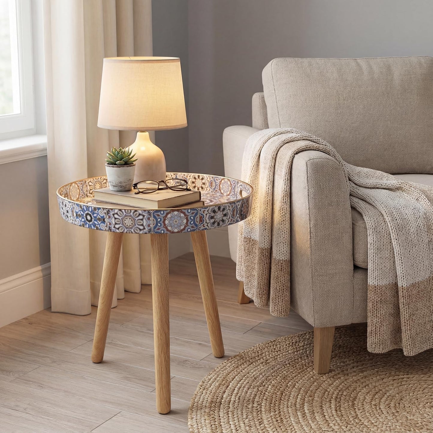 Simmer Stone Marble Round Indoor Side Tables with Detachable Wooden 3 Legs, Versatile Tray Table, Perfect For Round Coffee Table Tea