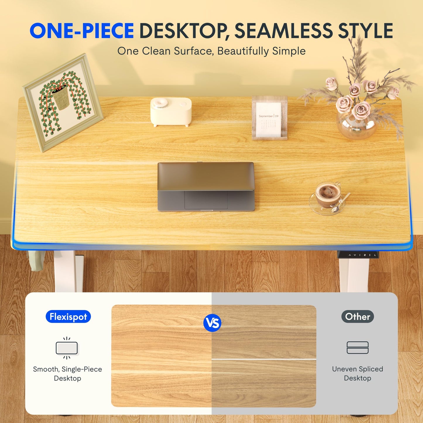 FlexiSpot E1 Plus ONE PIECE Electric Standing Desk Height Adjustable Sit Stand Desk with Memory Smart Panel(120 * 60cm, White Frame+Maple Desktop)