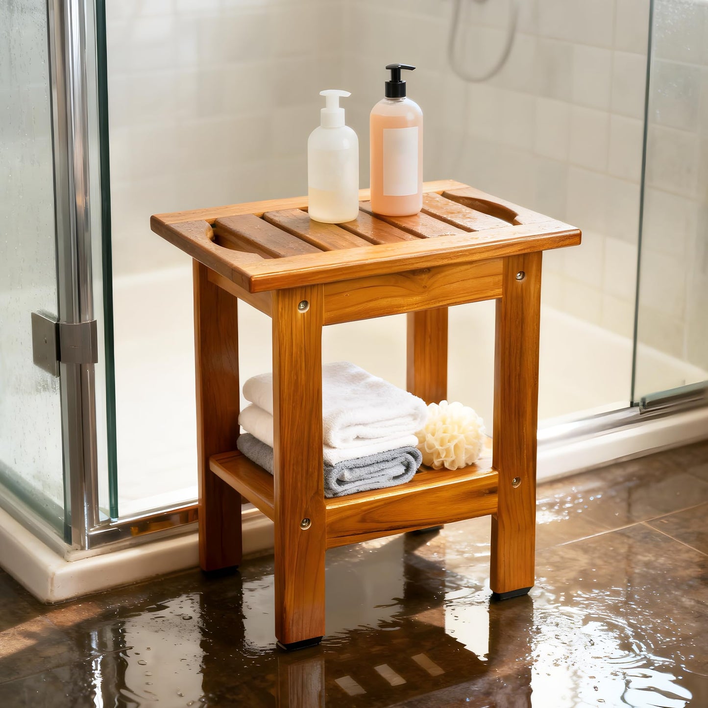VaeFae Teak Small Shower Bench, 2-Tier Stool with Shelf & Non-Slip Feets
