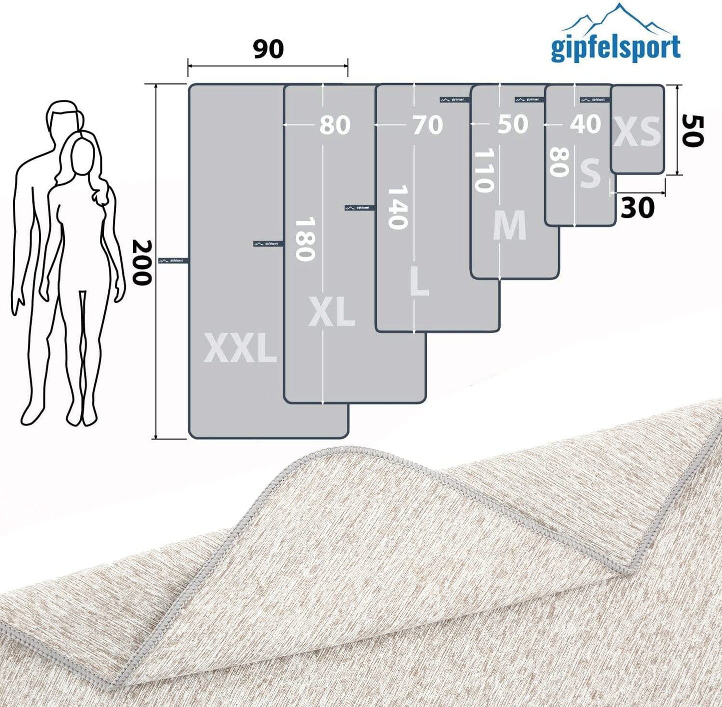 Microfibre Towel Set for Sauna, Fitness, Sports, Beach Towel, Sports Towel, Light Grey, Brush M: 110 x 50 cm