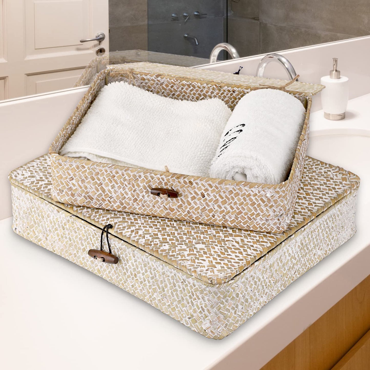 Hipiwe Set of 2 Flat Woven Wicker Storage Bins with Lid Natural Seagrass Basket Boxes Multipurpose Home Organizer Bins Boxes for Shelf Organizer