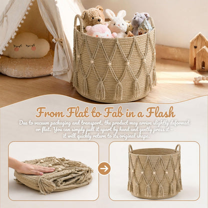 Large Woven Basket, 40x35cm Rope Basket, Large Cotton Rope Blanket Basket, Woven Storage Basket with Handle, Decorative Organiser Basket