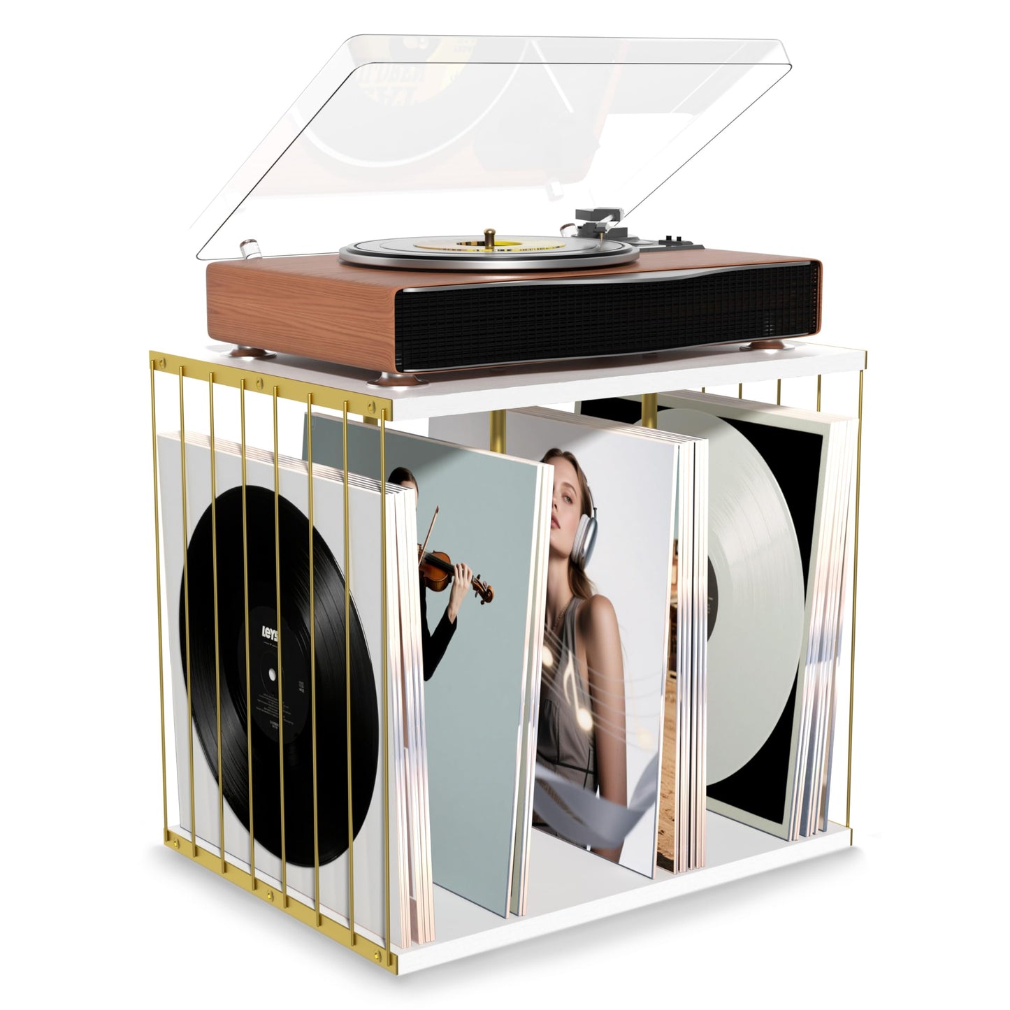 Emfogoo Vinyl Record Storage, Metal & Wooden Vinyl Record Holder Up to 80 LP Albums, 3-Compartment Record Player Stand for Magazine, Book, Files