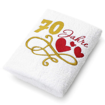 Gift Towel for 70th Birthday with Embroidered Hearts and 70 Years for Women and Ladies - 70th Anniversary Gift Idea