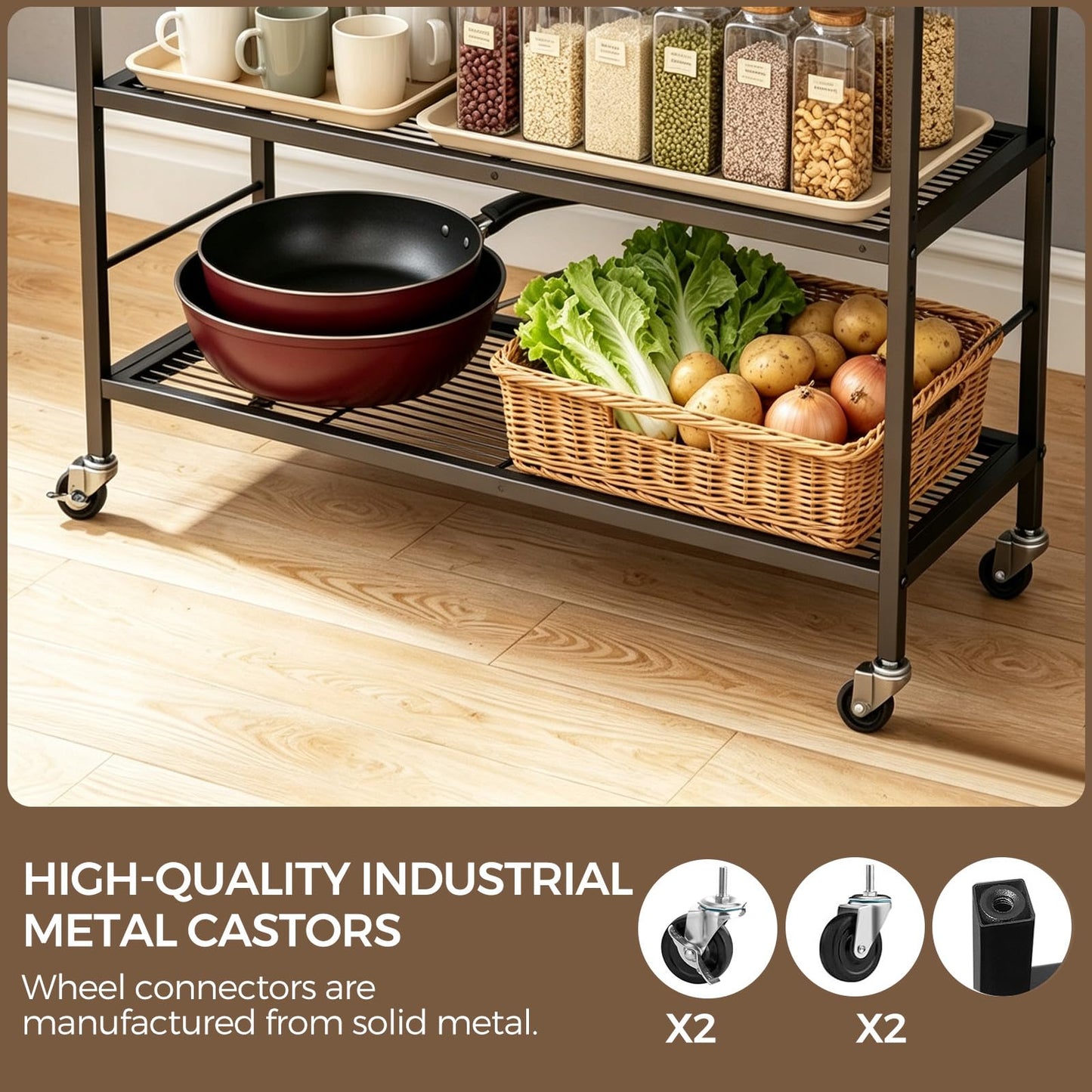 3-Tier kitchen trolley,Brown Wood Top,80W×30Dcm,4 Hooks, Adjustable Shelves