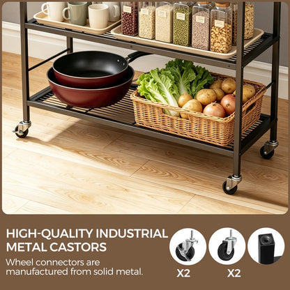 3-Tier kitchen trolley,Brown Wood Top,80W×30Dcm,4 Hooks, Adjustable Shelves