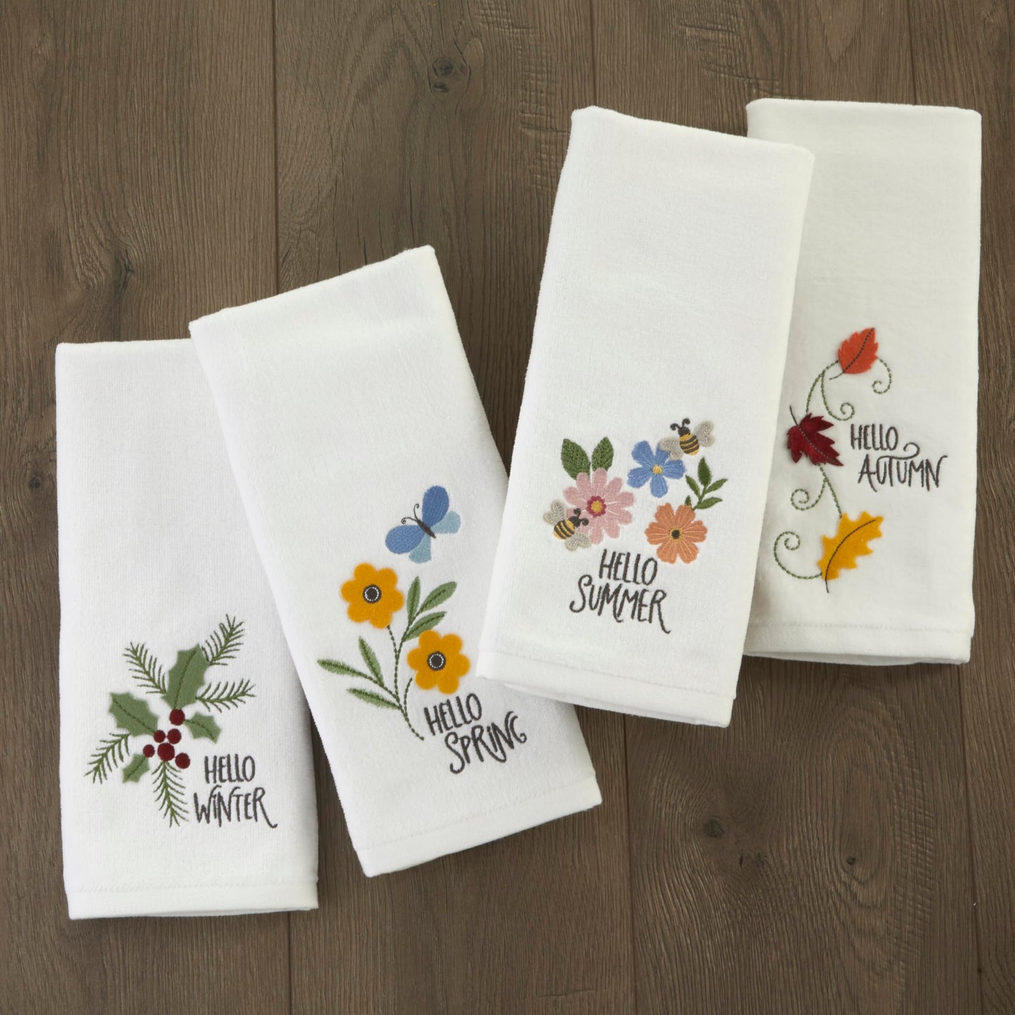SKL Home Christmas Hello Winter Holly 3D Hand Towel 2pc Set for Bath/Kitchen/Bar & Gift, White