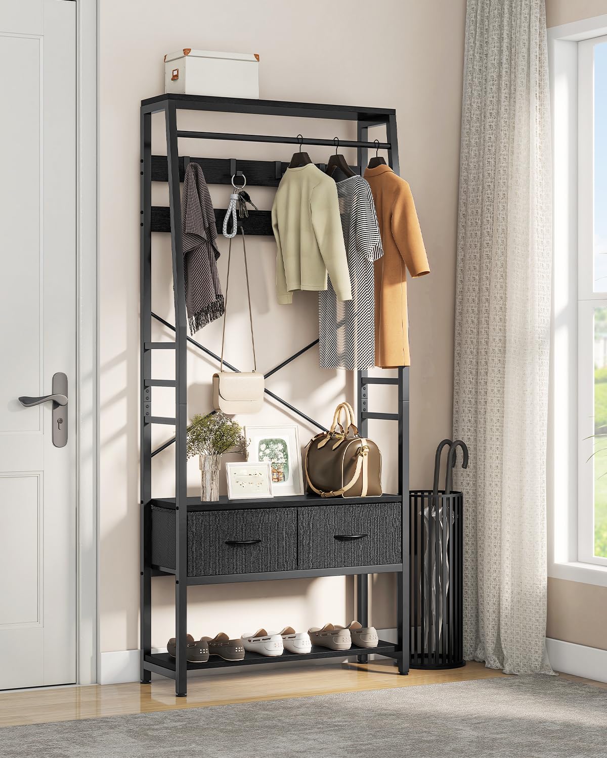 YITAHOME Coat Rack Stand with Shoe Storage, Floorstanding Hall Tree with Bench & 2 Foldable Drawers