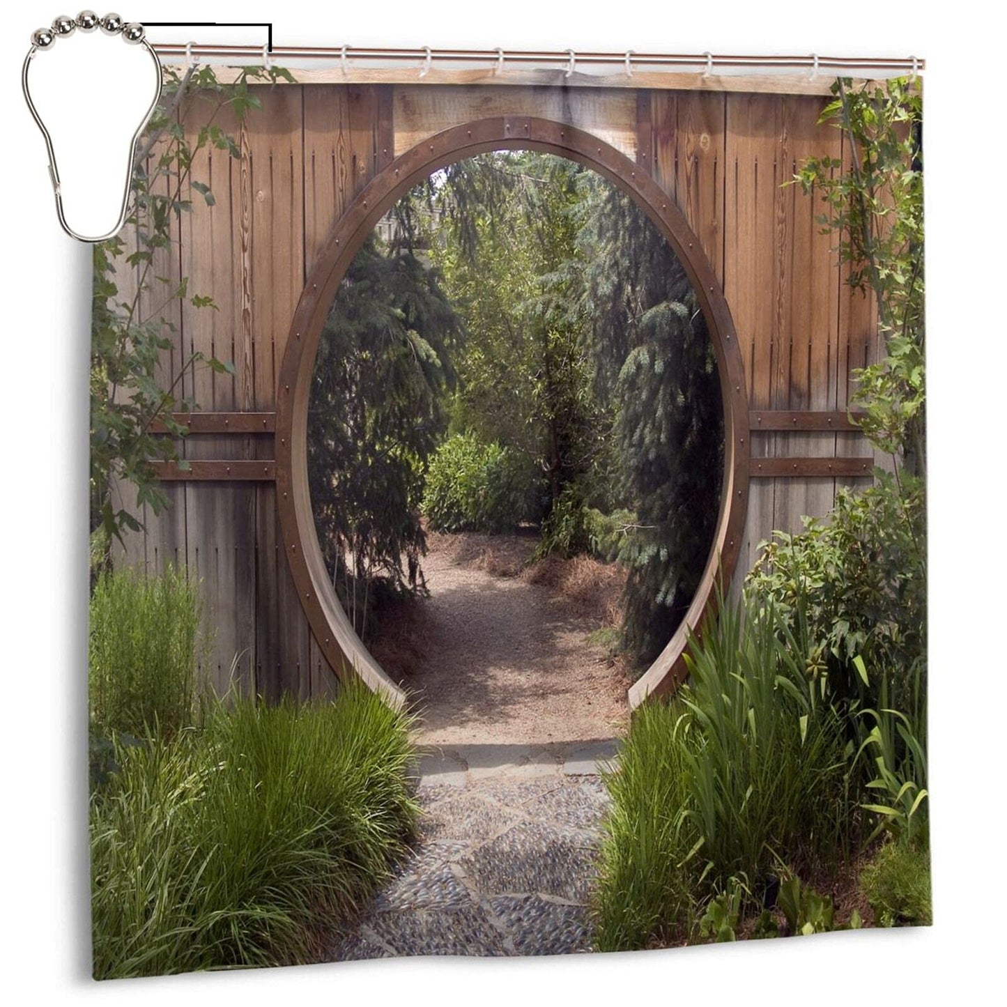 Japanese Decor Garden Shower Curtain Outdoor 3D Picture Shower Curtain for Garden Fence Waterproof & Mould Resistant Design Bath Curtain Sets with 12