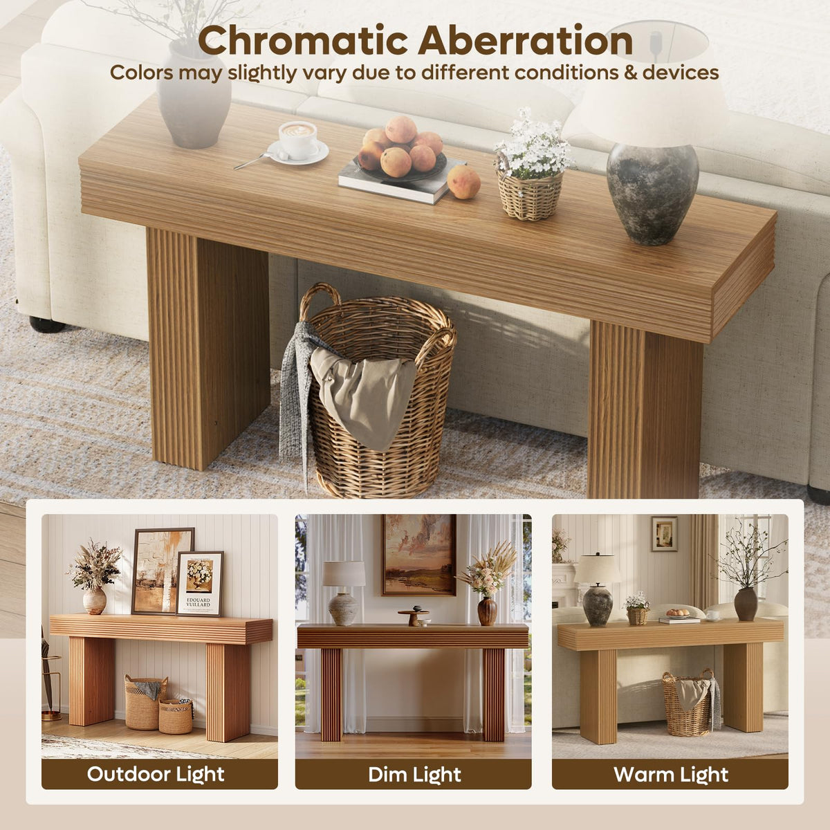 Bestier 63” Entryway Table, Wood Fluted Console Table Behind Couch, Brown