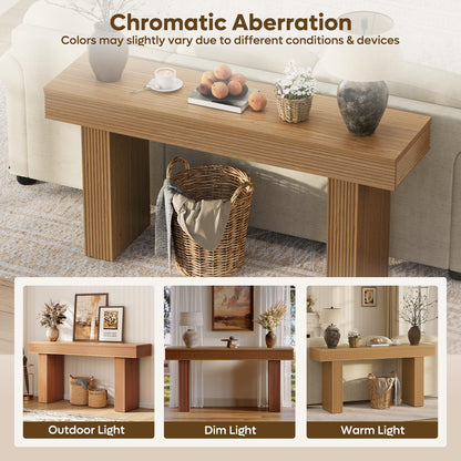 Bestier 63” Entryway Table, Wood Fluted Console Table Behind Couch, Brown