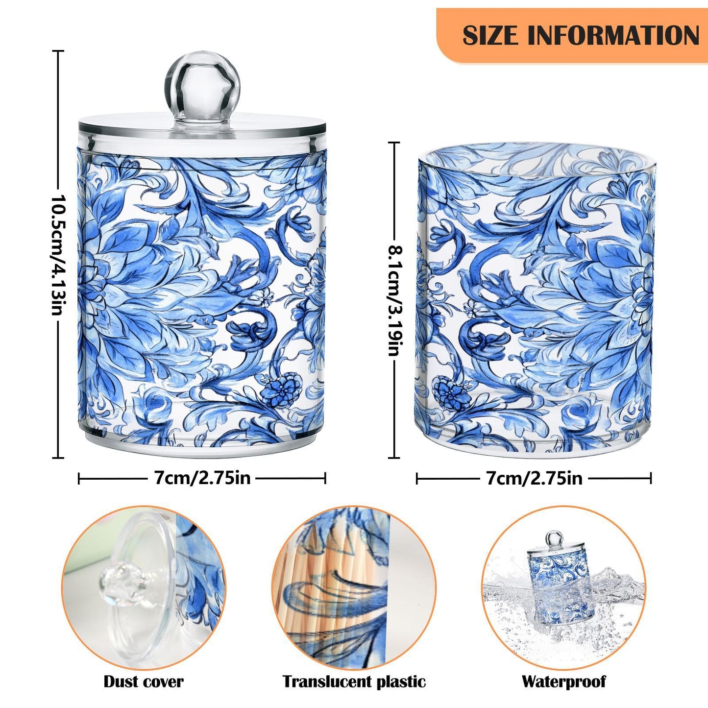 Ewusp White Blue Pattern Qtip Holder 2 PCS Clear Plastic Apothecary Jars with Lid Cotton Pad Holder Dispenser Cotton Bud Holder Bathroom Storage