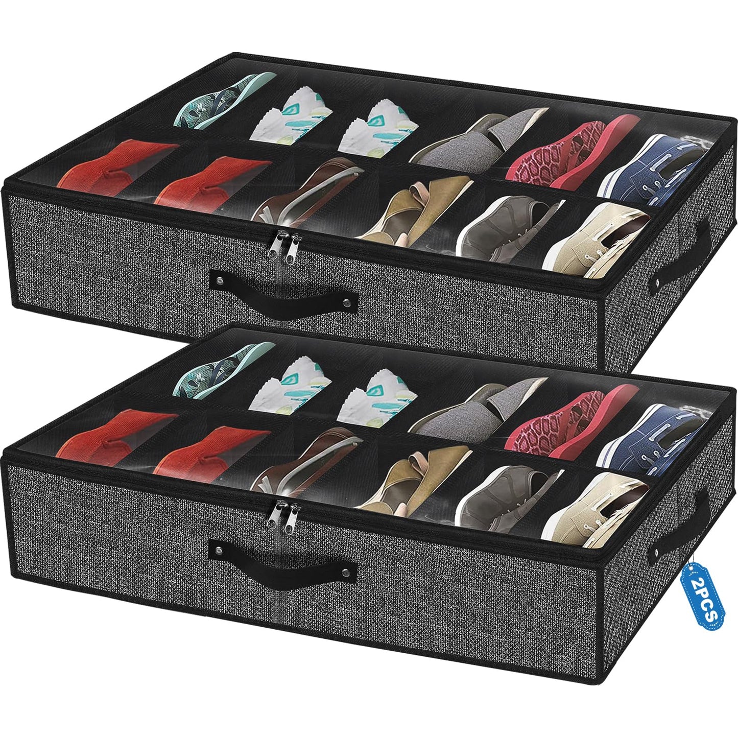 homyfort Under Bed Shoe Storage Organizer For Closet, Shoe Container Box Bedding Storage With Clear Cover Black Underbed Shoe Storage Set of 2