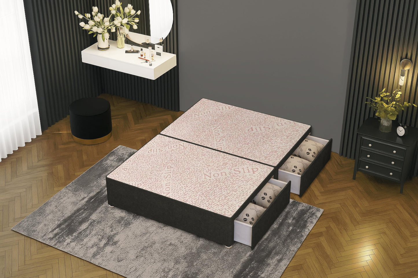 Bed Centre Bliss Grey Linen Divan Base with Optional Drawers and Headboard (4FT6 Double, 2 Drawers Same Side No Headboard)