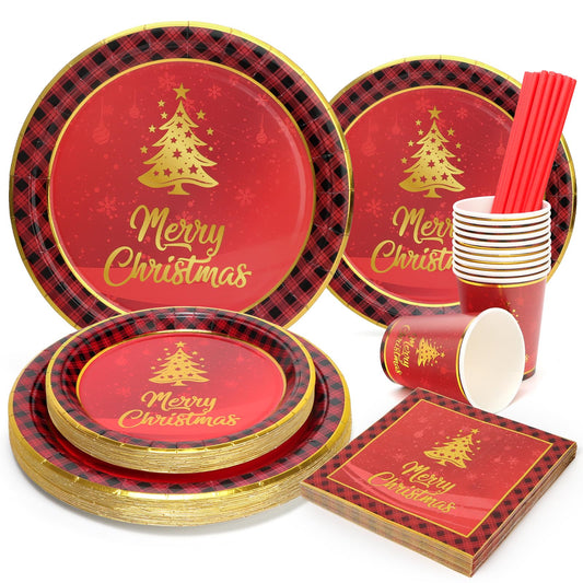 PARTY GO 125PCS Christmas Paper Plates and Napkins Cups with Straws, Party Tableware Christmas Tree Plates for Xmas Decorations Serves 25 Guests