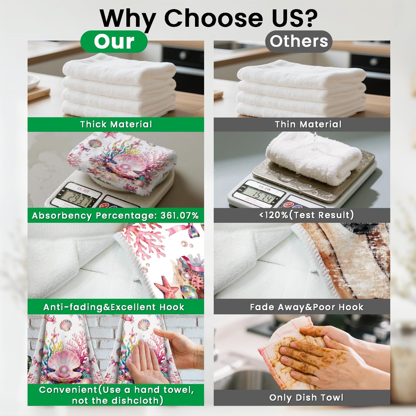 CUTHOLLOW 2 Pcs Pink Seashells Hanging Kitchen Towels with Loop