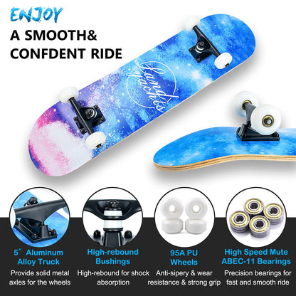 Skateboard,31 x 8 Inch Complete Skateboard, 8-Layer Maple Wood Deck Double Kick Standard Skateboards for Kids, Teens, Adult, Beginner (Sky)