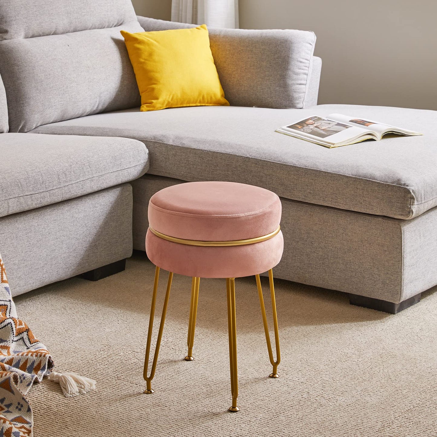 IBUYKE Velvet Round Footstool Ottoman, Vanity Chair Stool, Pink L/G-40P