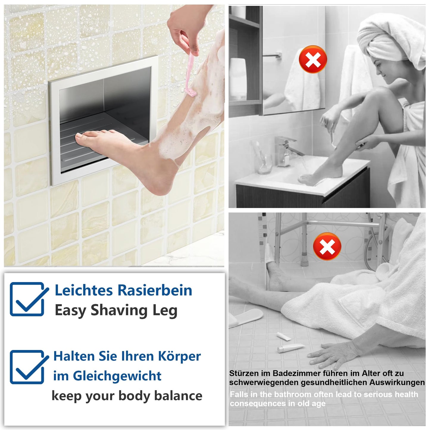 Neohomee Footrest Shower Recessed Wall Recess Made of 304 Stainless Steel Recess with Non-Slip Silicone Pads for Shaving Legs