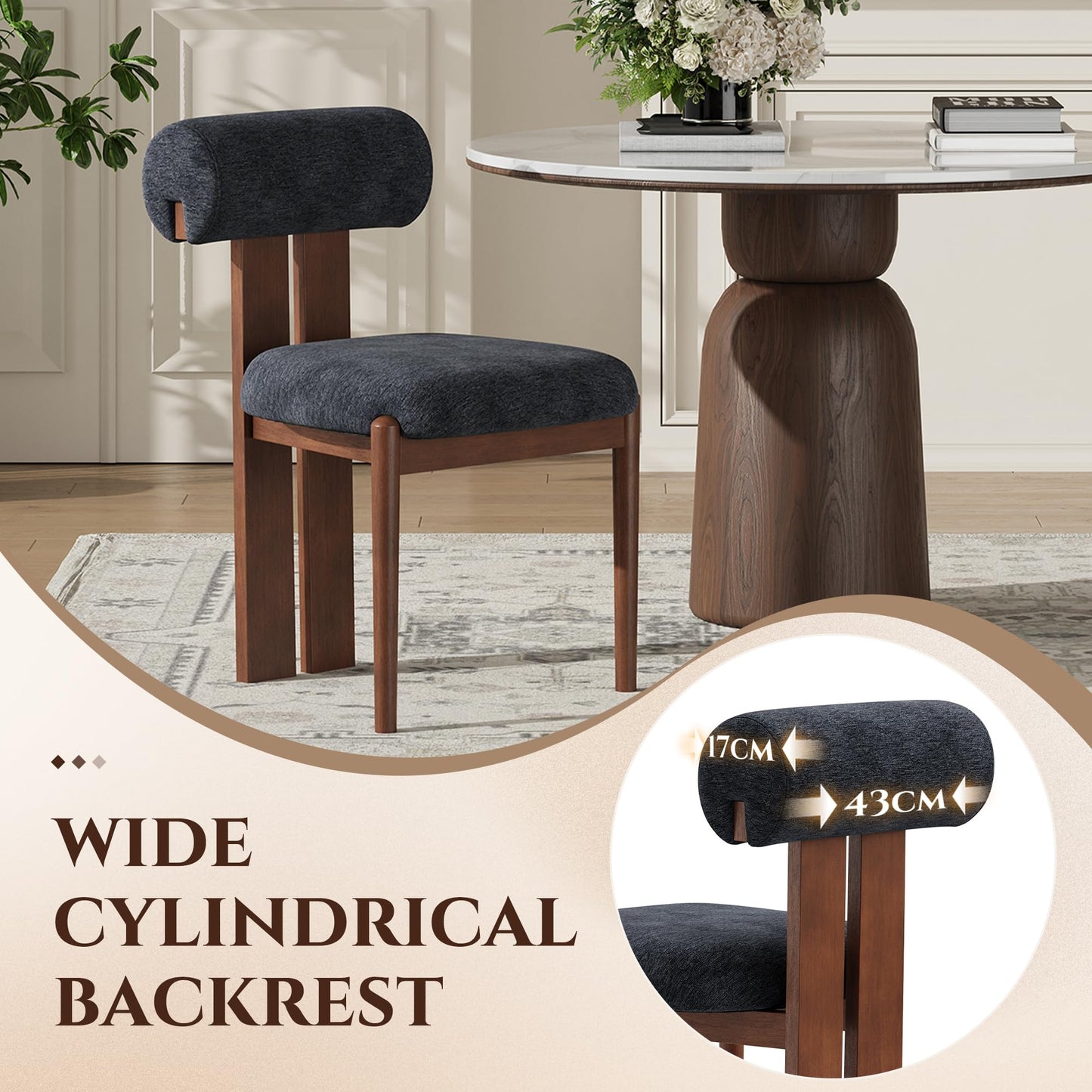 Dining Chairs Set of 2, Dining Room Chairs Upholstered Chenille Fabric, Wooden Kitchen Chairs with Padded Seat & Solid Wood Frame