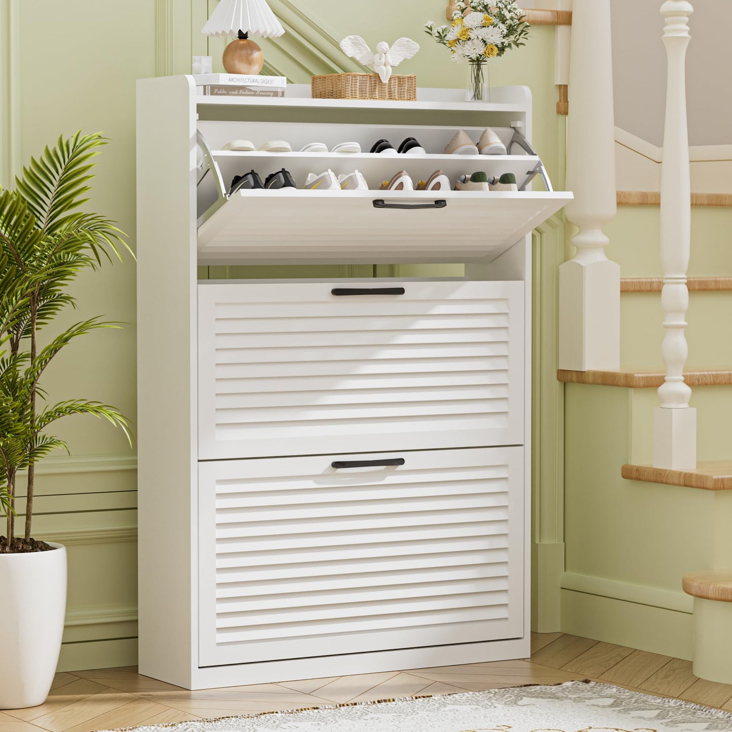 BonVache Shoe Storage Cabinet, Shoe Organizer Cabinet with 3 Flip Louvered Doors, Narrow Wooden Shoe Rack Cabinet with Adjustable Dividers For