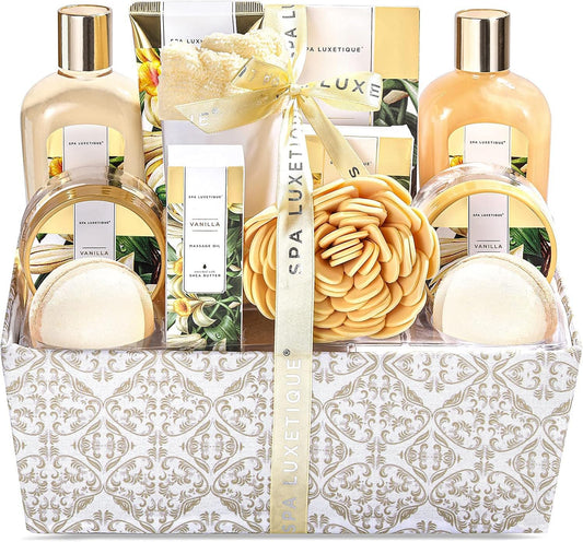 Spa Luxetique Spa Gift Set,12pcs Vanilla Shower Set, Pamper Gifts for Women, Bath Gift Set with Body Lotion, Bath Bomb, Bubble Bath, Bath Sets for