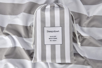 Sleepdown Striped Large Beach Towel Soft Microfiber Absorbent Swimming Pool Travel Camping Bath Sauna Gym Yoga with Bag - Grey - 160 x 90cm