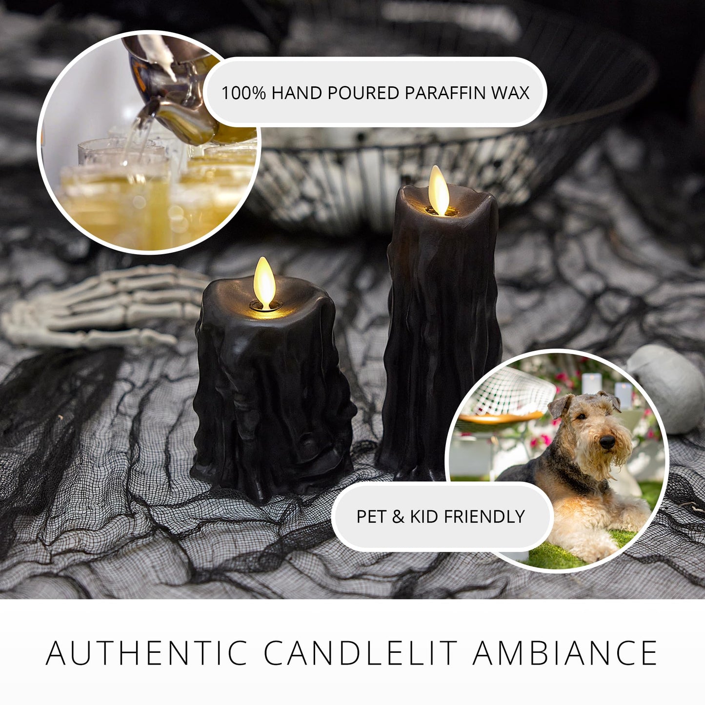 Luminara Black Heavy Wax Drip Flameless LED Pillar Candle, Real Wax, Timer Function, 3.4 x 4.5 inch